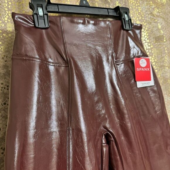 Spanx Faux Patent Leather Liquid Ruby Maroon Leggings Small Petite NWT - Picture 3 of 11